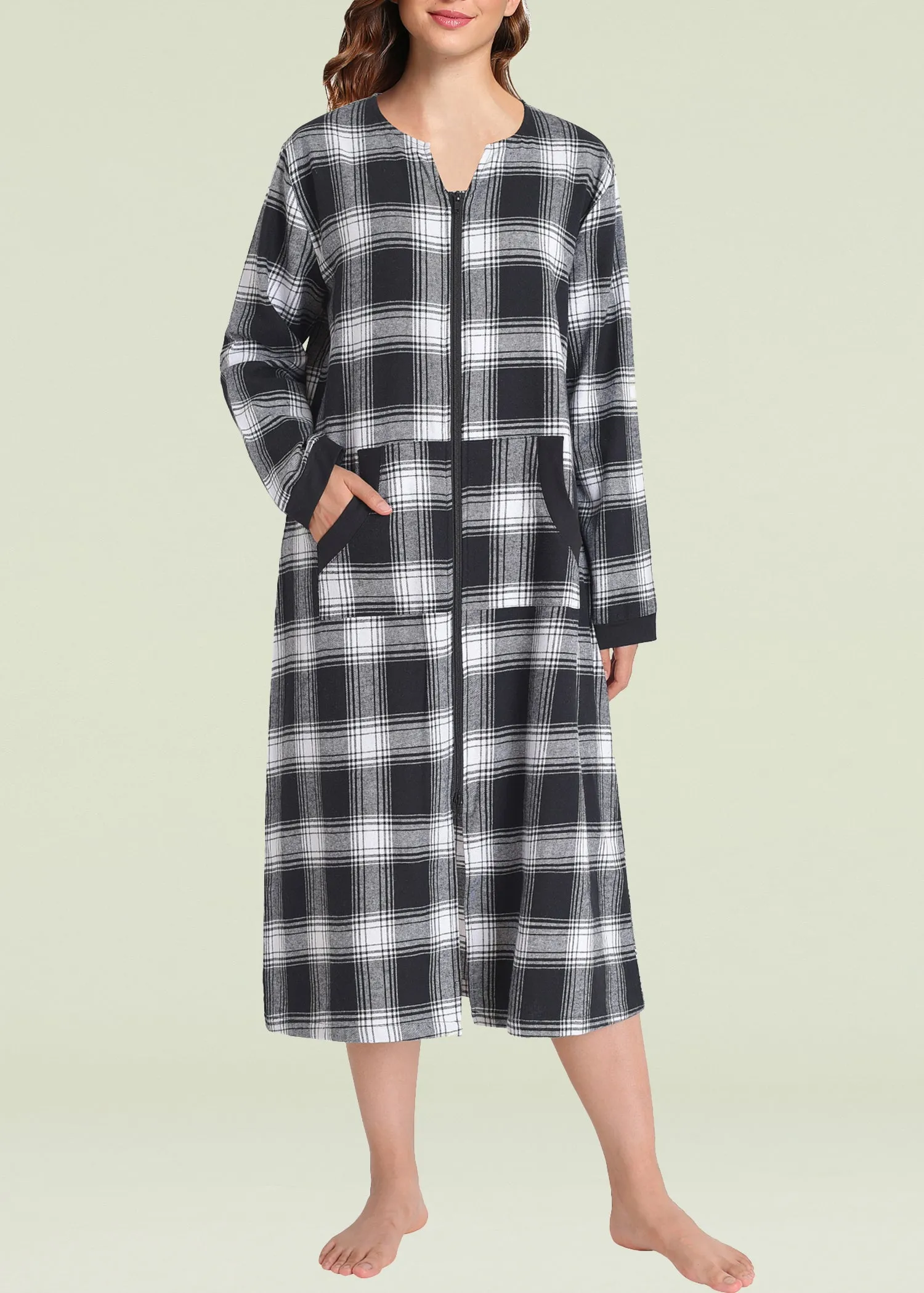 Women's Cotton Plaid Nightgown Long Flannel Zipper Nightgown