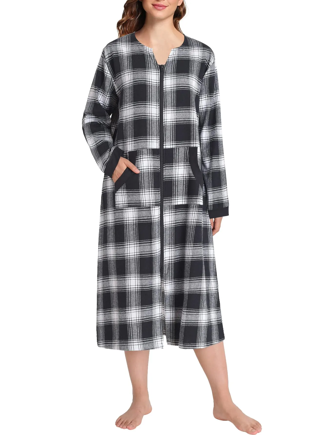 Women's Cotton Plaid Nightgown Long Flannel Zipper Nightgown