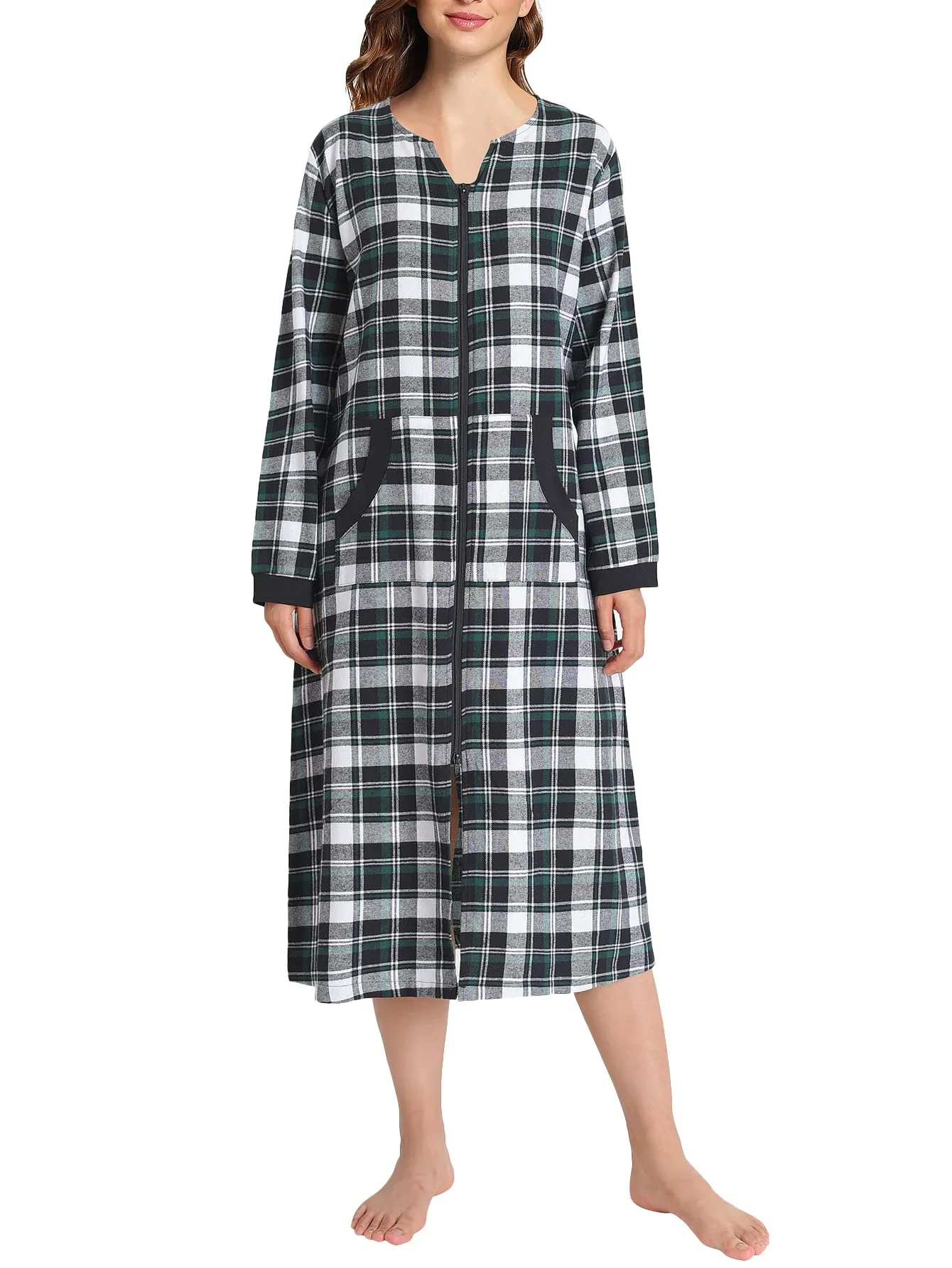 Women's Cotton Plaid Nightgown Long Flannel Zipper Nightgown