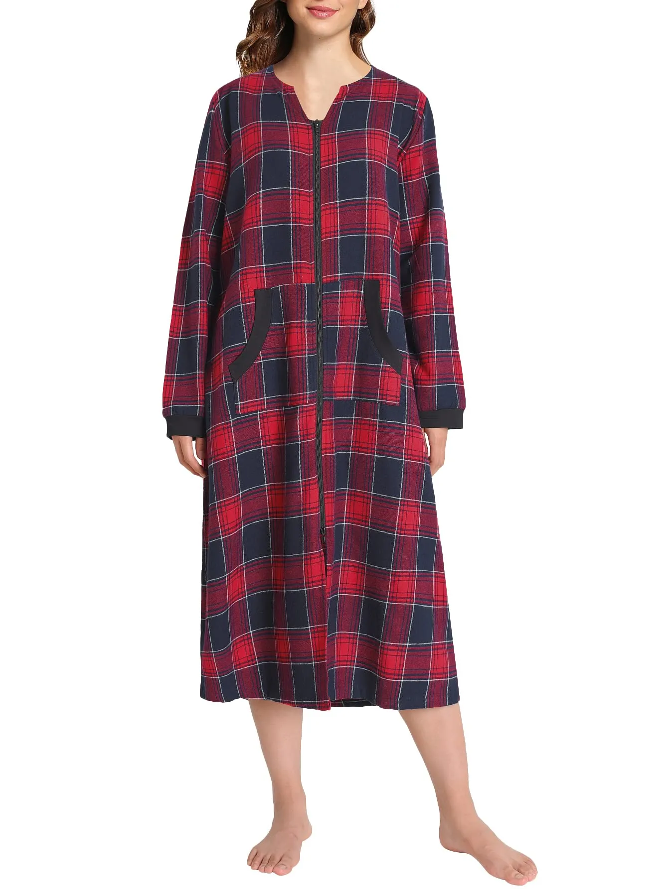 Women's Cotton Plaid Nightgown Long Flannel Zipper Nightgown