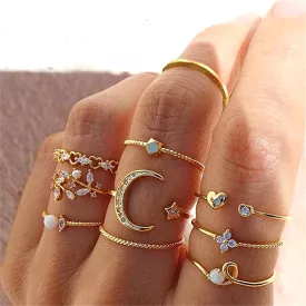 Women's Faux Pearl Leaves Moon Heart Rhinestone Rings