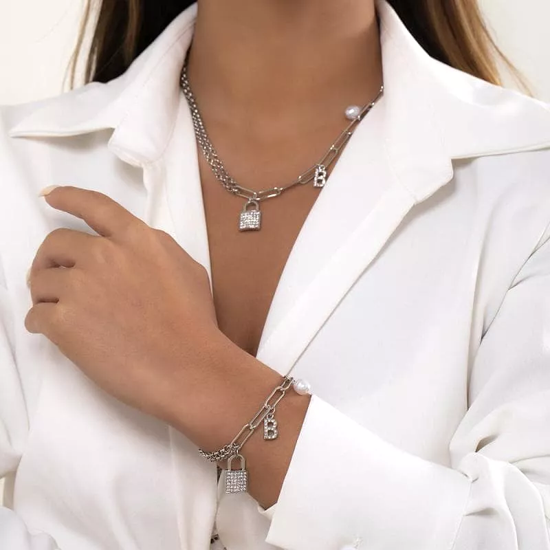 Women's Faux Pearl Rhinestone Lock Necklaces and Bracelets