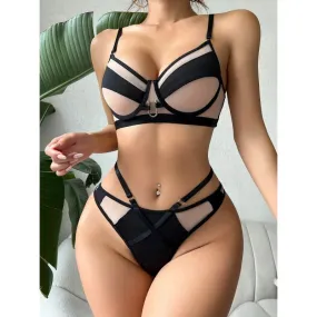 Women's Sexy Erotic Black Hollow Out Patchwork 2pcs Bra Lingerie Underwear