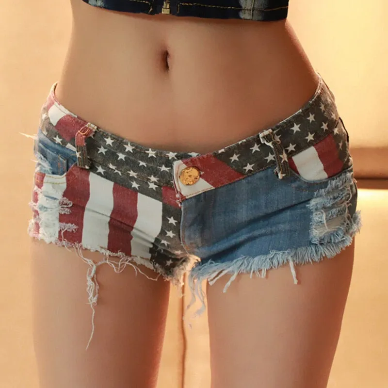 Women's USA Flag Printed Hole Denim Mid Waist Pole Dance Jeans Shorts