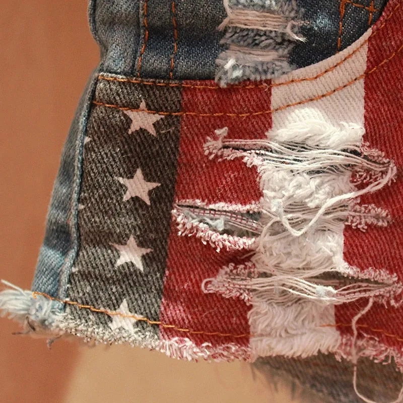 Women's USA Flag Printed Hole Denim Mid Waist Pole Dance Jeans Shorts