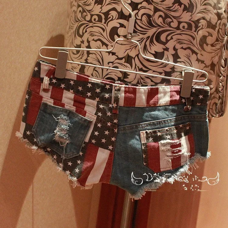 Women's USA Flag Printed Hole Denim Mid Waist Pole Dance Jeans Shorts