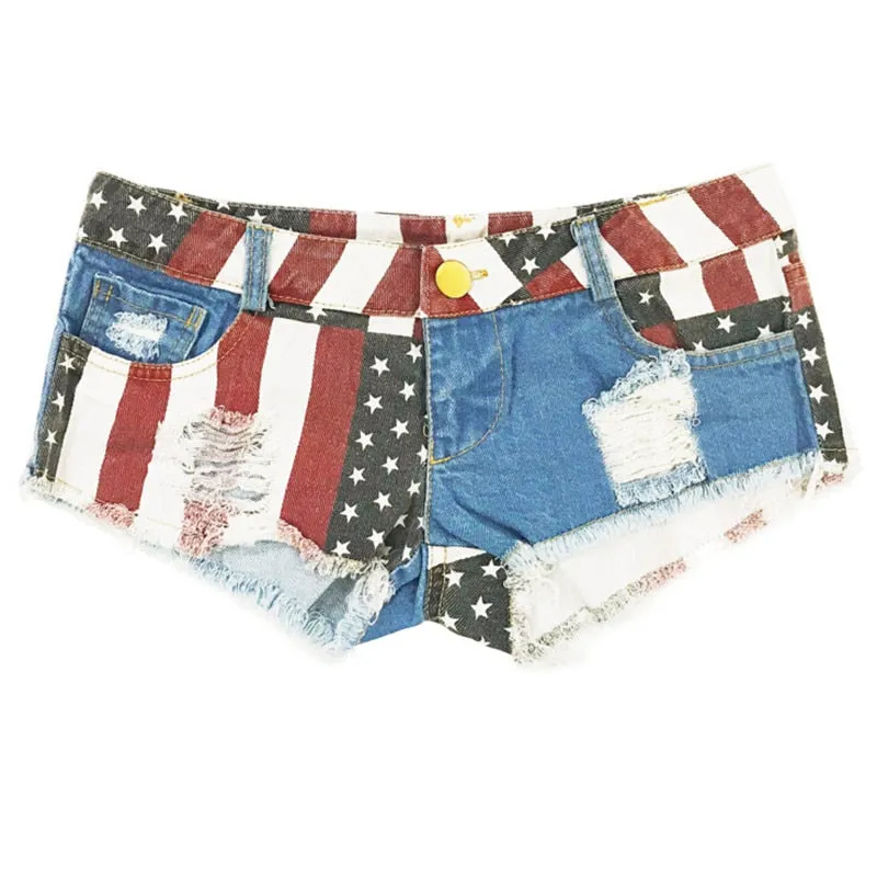 Women's USA Flag Printed Hole Denim Mid Waist Pole Dance Jeans Shorts