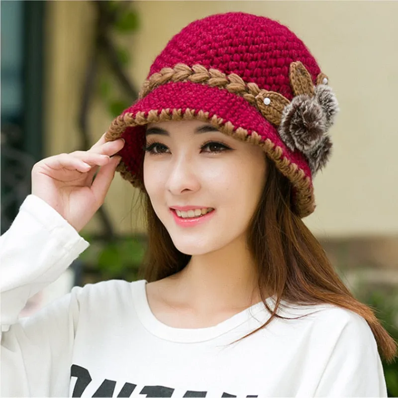 Women's Winter Warm Wool Knitted Flowers Decorated Crochet Bucket Hat