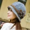 Women's Winter Warm Wool Knitted Flowers Decorated Crochet Bucket Hat