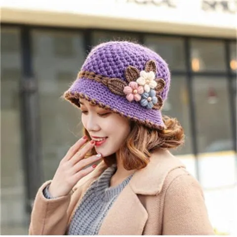 Women's Winter Warm Wool Knitted Flowers Decorated Crochet Bucket Hat