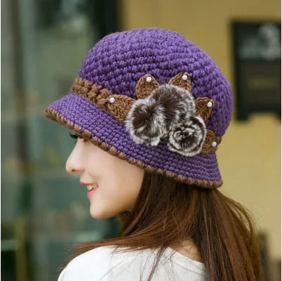 Women's Winter Warm Wool Knitted Flowers Decorated Crochet Bucket Hat