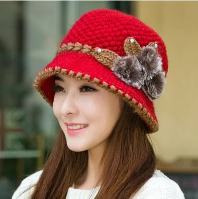 Women's Winter Warm Wool Knitted Flowers Decorated Crochet Bucket Hat