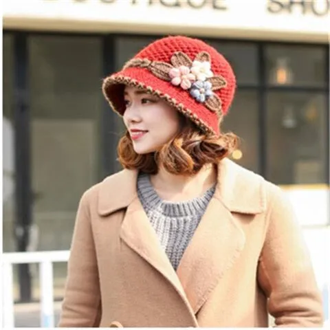 Women's Winter Warm Wool Knitted Flowers Decorated Crochet Bucket Hat