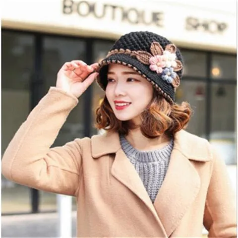 Women's Winter Warm Wool Knitted Flowers Decorated Crochet Bucket Hat