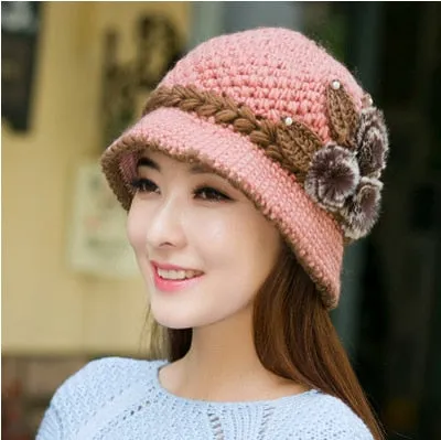 Women's Winter Warm Wool Knitted Flowers Decorated Crochet Bucket Hat