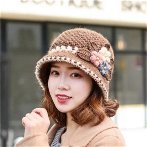 Women's Winter Warm Wool Knitted Flowers Decorated Crochet Bucket Hat