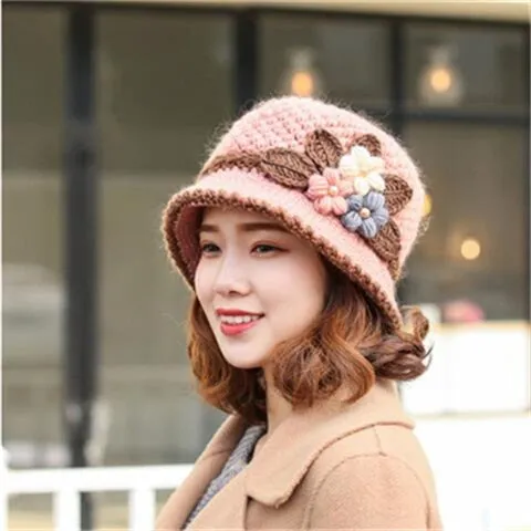 Women's Winter Warm Wool Knitted Flowers Decorated Crochet Bucket Hat